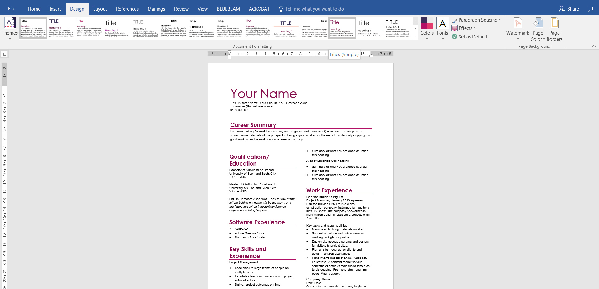 3. Design and document formatting options Word